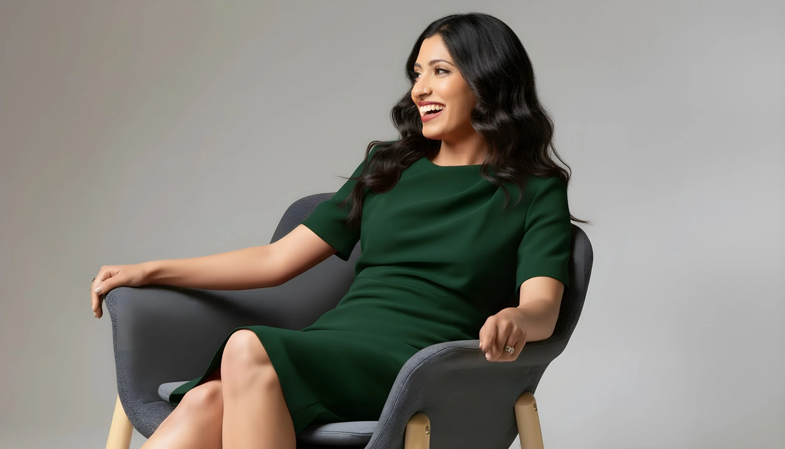 A woman with long dark wavy hair, wearing a green dress, sitting in a modern gray chair, smiling and looking to her right, against a plain gray background.