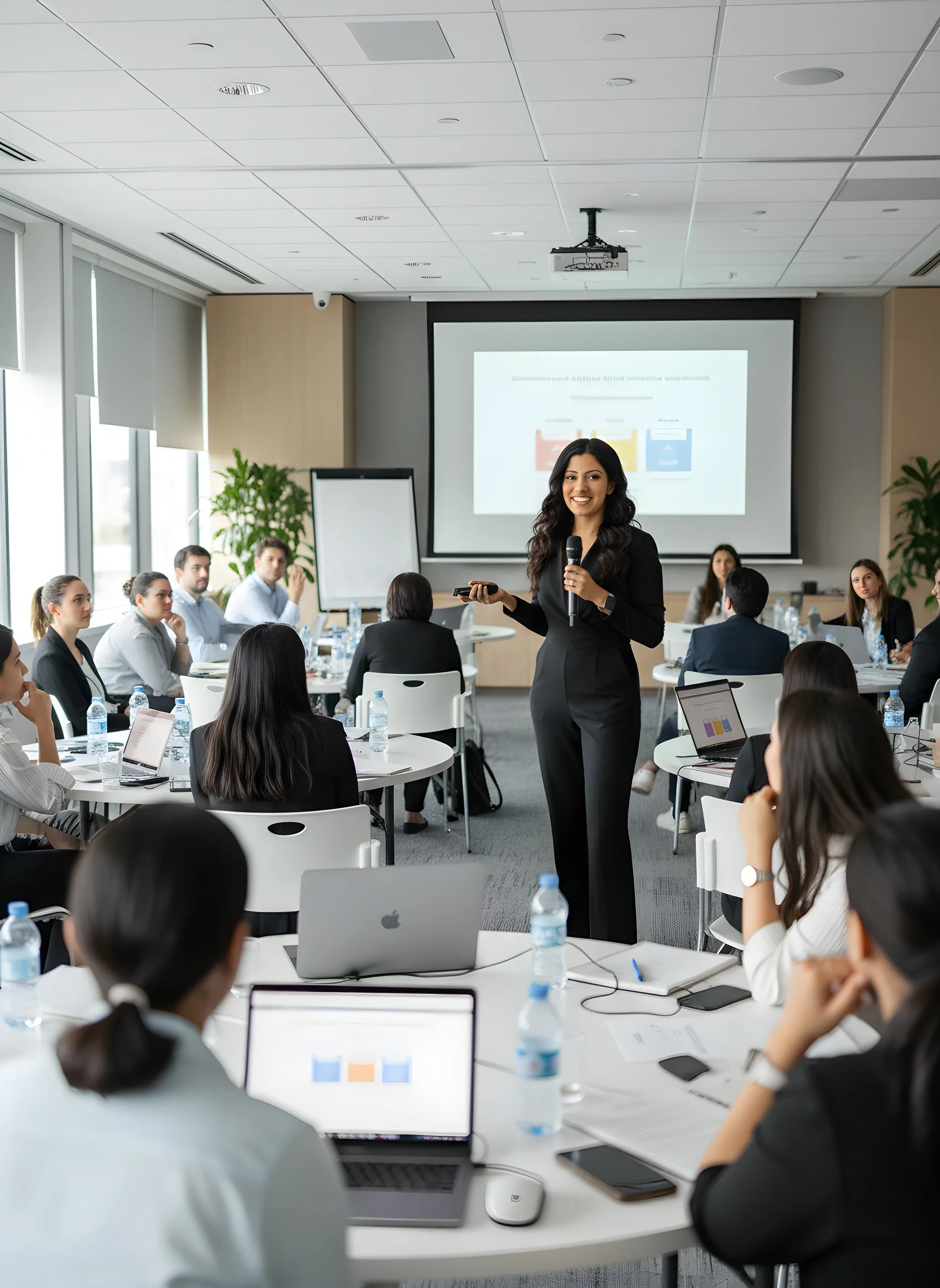 A woman presenting to a conference room full of diverse professionals, with a microphone in hand, standing in front of a large screen and a flip chart.