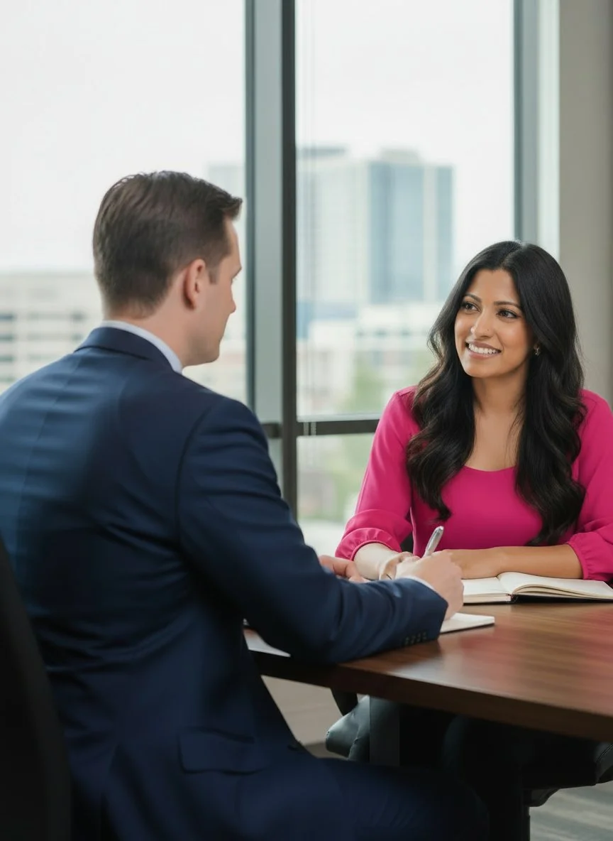 A woman with long dark hair and a pink top smiling while talking to a man in a blue suit during an interview or meeting in a modern office.