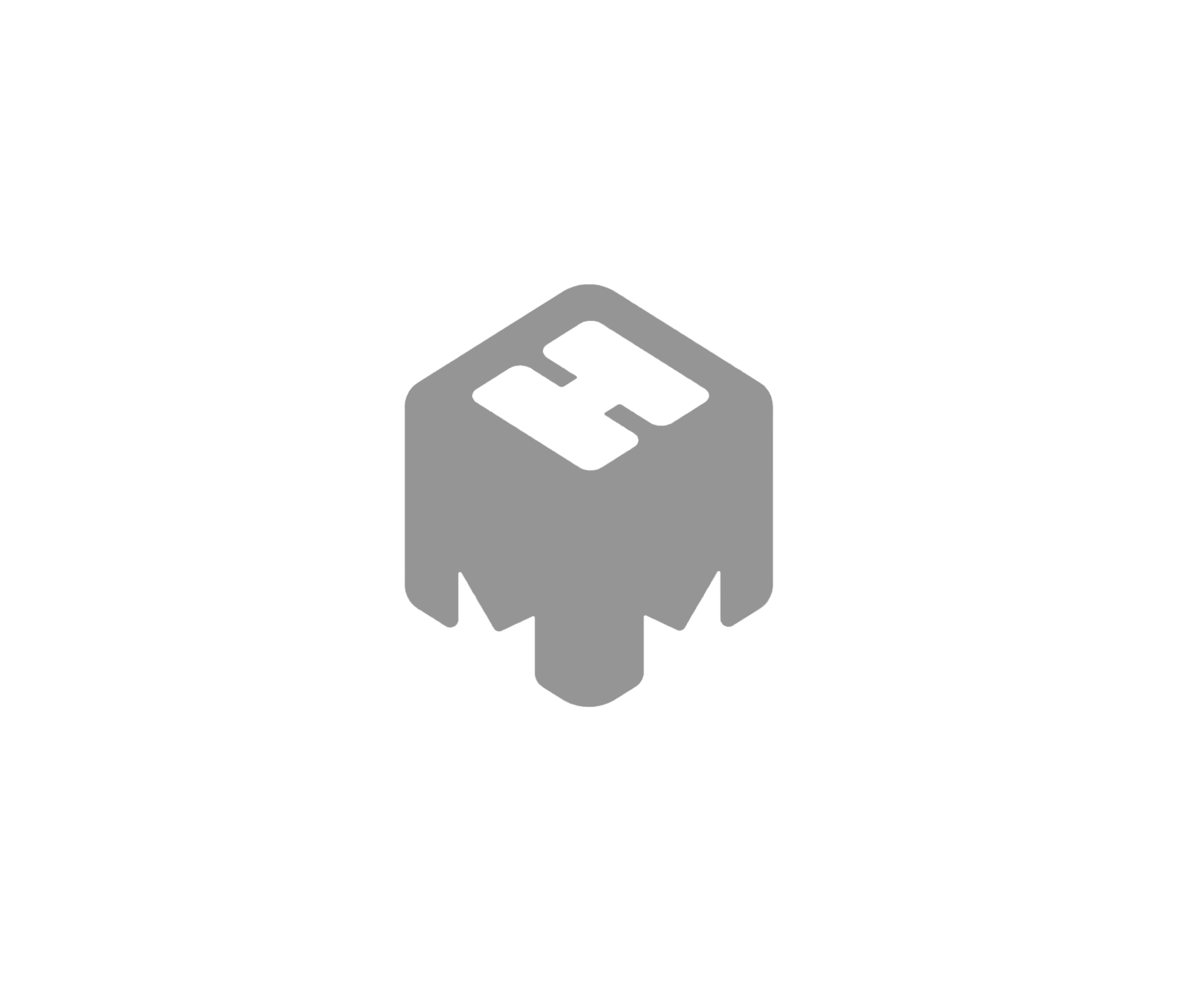 Black background with a gray 3D cube displaying a black letter 'F' on top, and a rocket icon beneath the cube.