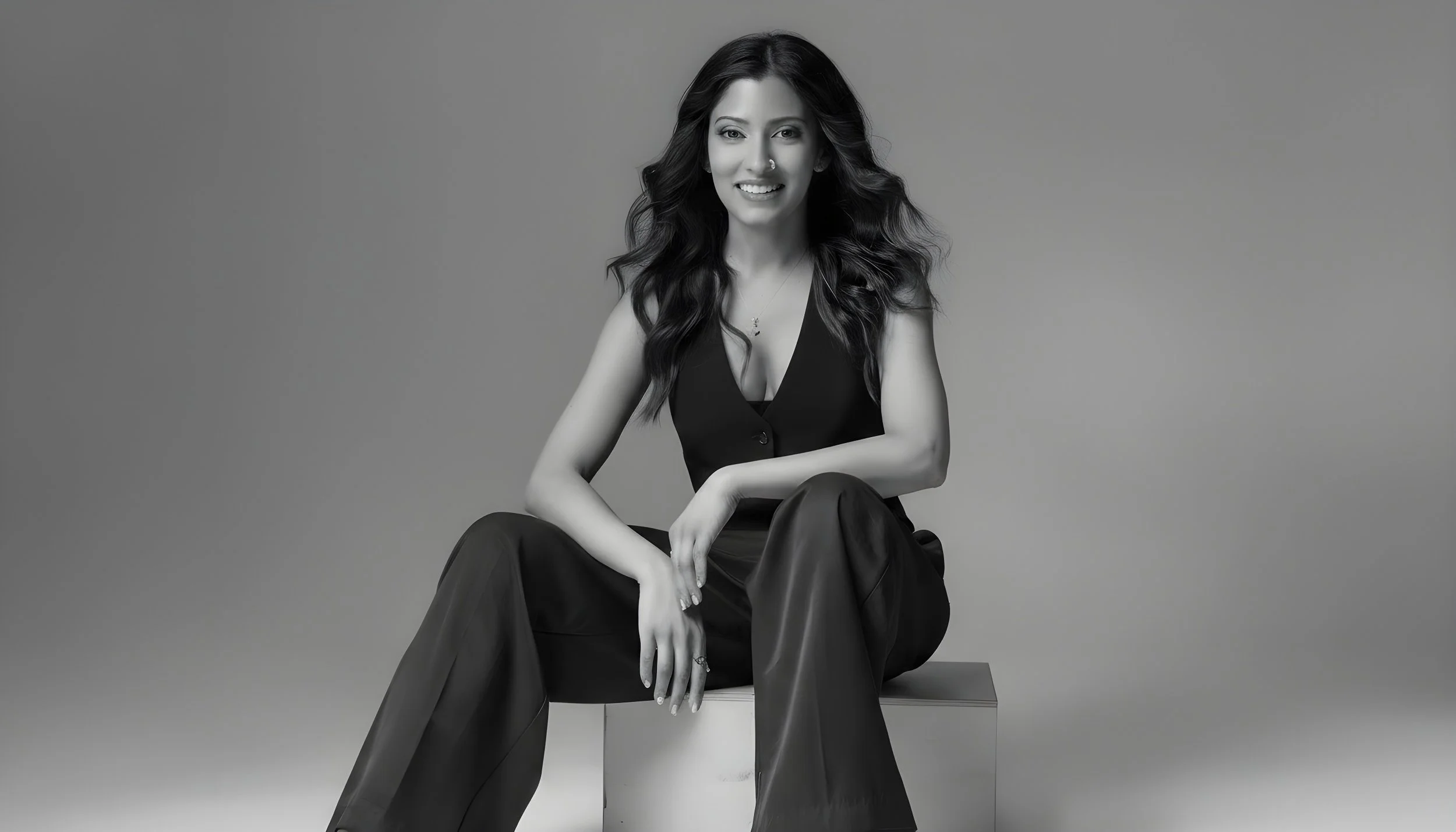 Black and white photo of a young woman sitting on a small box, smiling, with long wavy hair, wearing a sleeveless top and wide-leg pants.