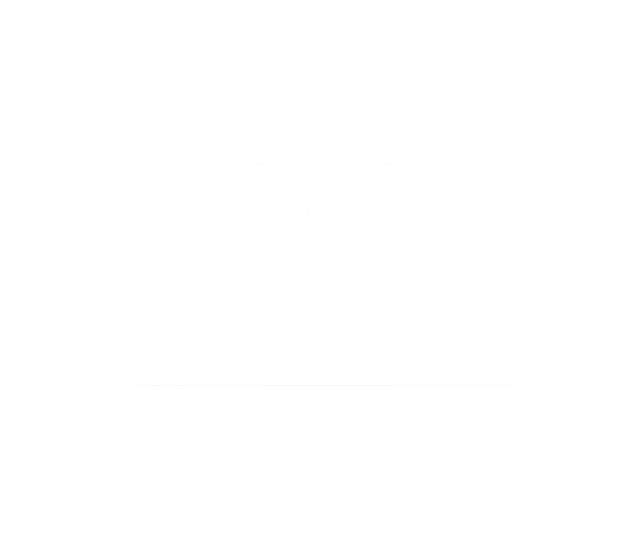 Line art illustration of two people with concentric rainbow-like arches below them, on a black background.