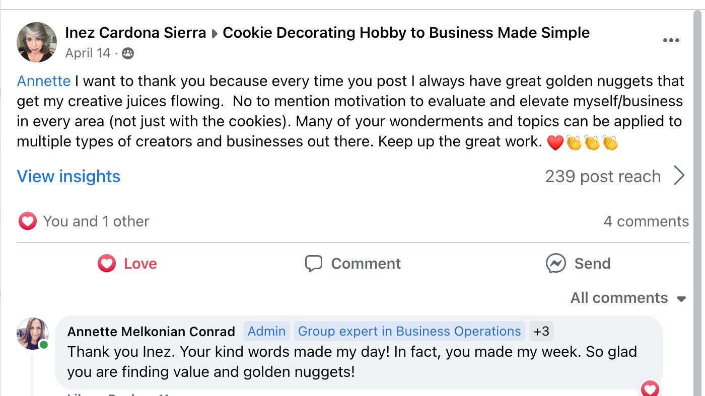 Facebook post by Inez Cardona Sierra in a group about cookie decorating, expressing gratitude to Annette for inspiring creativity. The post includes likes, comments, and a response from Annette Melkonian Conrad thanking Inez.