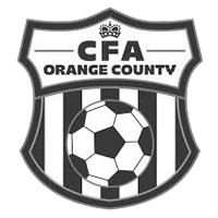 CFA Orange County soccer emblem featuring a shield with a soccer ball at the center.