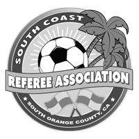 South Coast Referee Association logo with a soccer ball, palm tree, and waves, representing South Orange County, California.