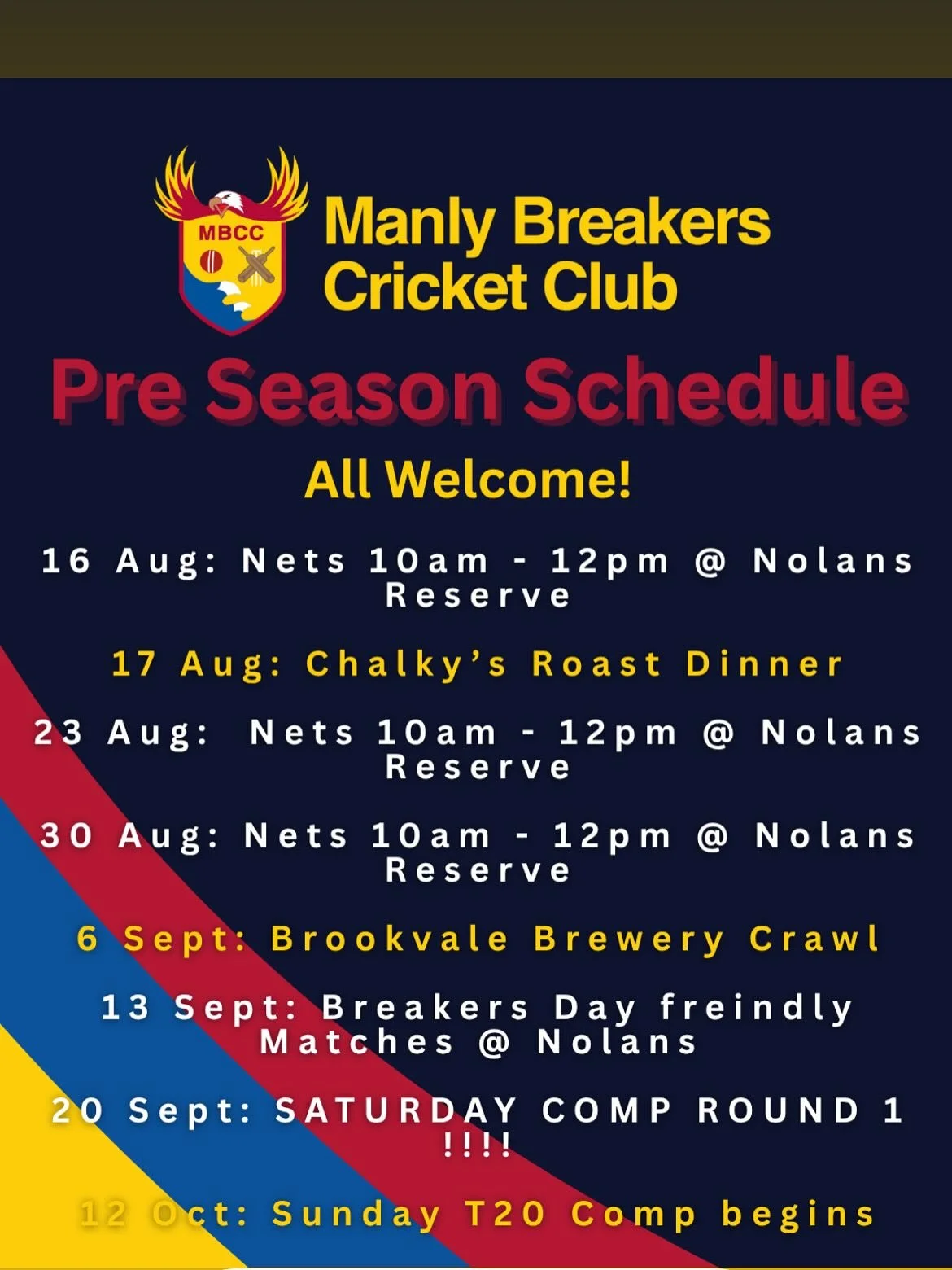 Get ready for the new season! The Manly Breakers invite you to join us, whether you're a seasoned amateur or rusty from years off. Reach out now and check out our pre-season schedule! #cricket #LFG #signup