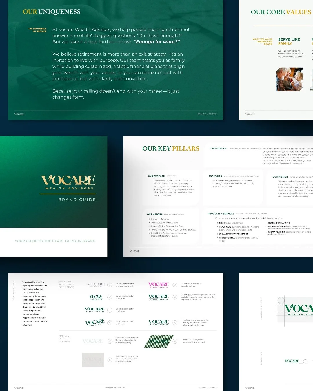 Most people think branding ends with a logo.

The logo is only a fraction of where the real work behind a strong brand.

For Vocare Wealth Advisors, we created a comprehensive brand guide
that defines how they think, speak, and show up&mdash;consiste
