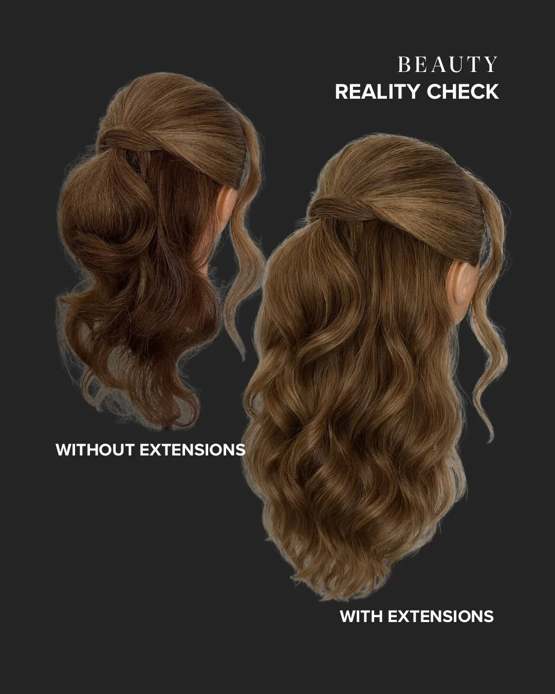 Your hair is beautiful. And sometimes it still needs support. 
 
This style was done with no extensions &mdash; and you can see exactly what that creates.
 
A little more see-through. Less density.
Still pretty. Still polished. But not as full as the