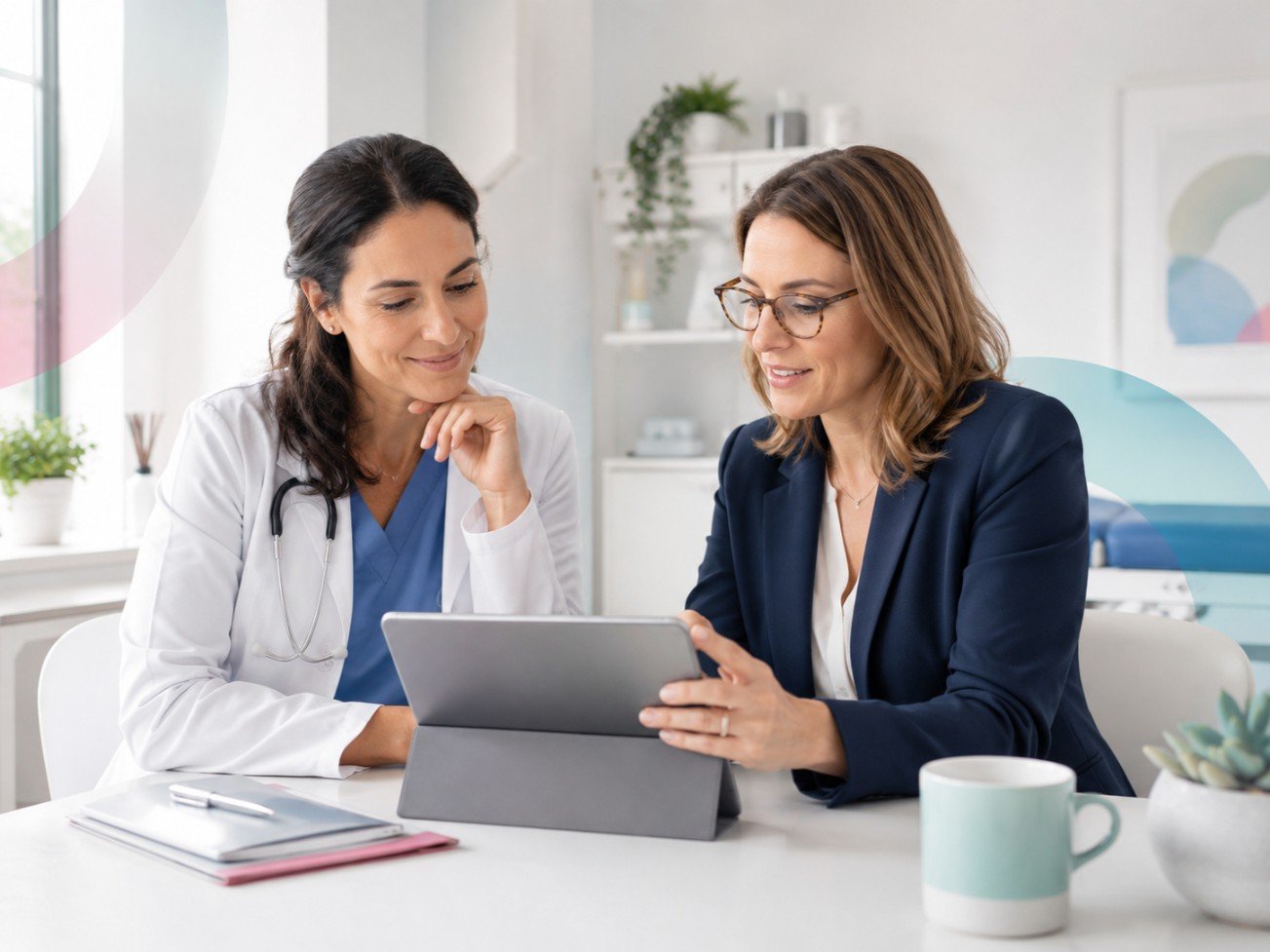 A healthcare professional and a woman in a navy blazer look at a tablet together in a medical office.