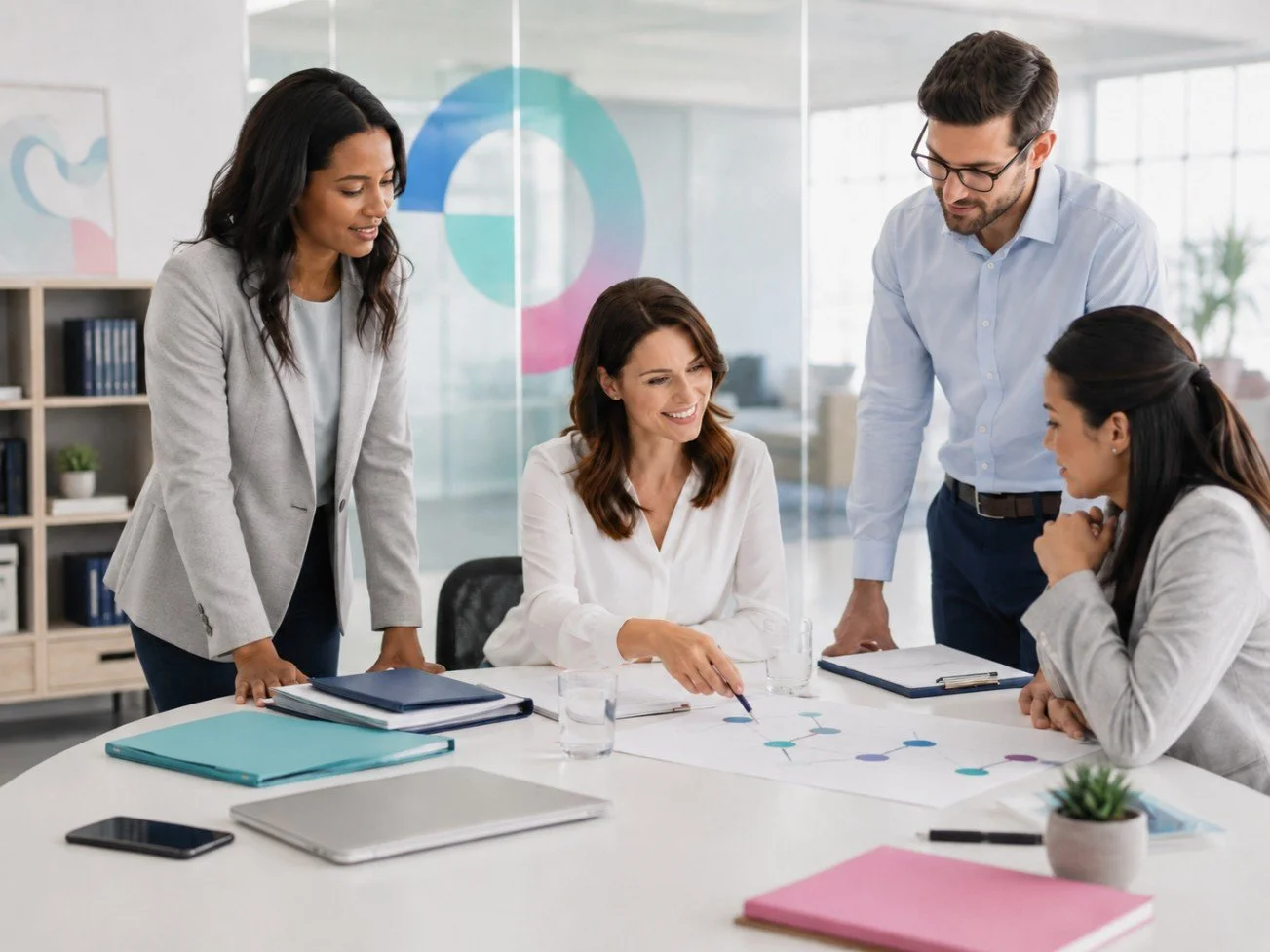 Five business professionals gathering around a table in a modern office, discussing a flowchart or diagram on the table.