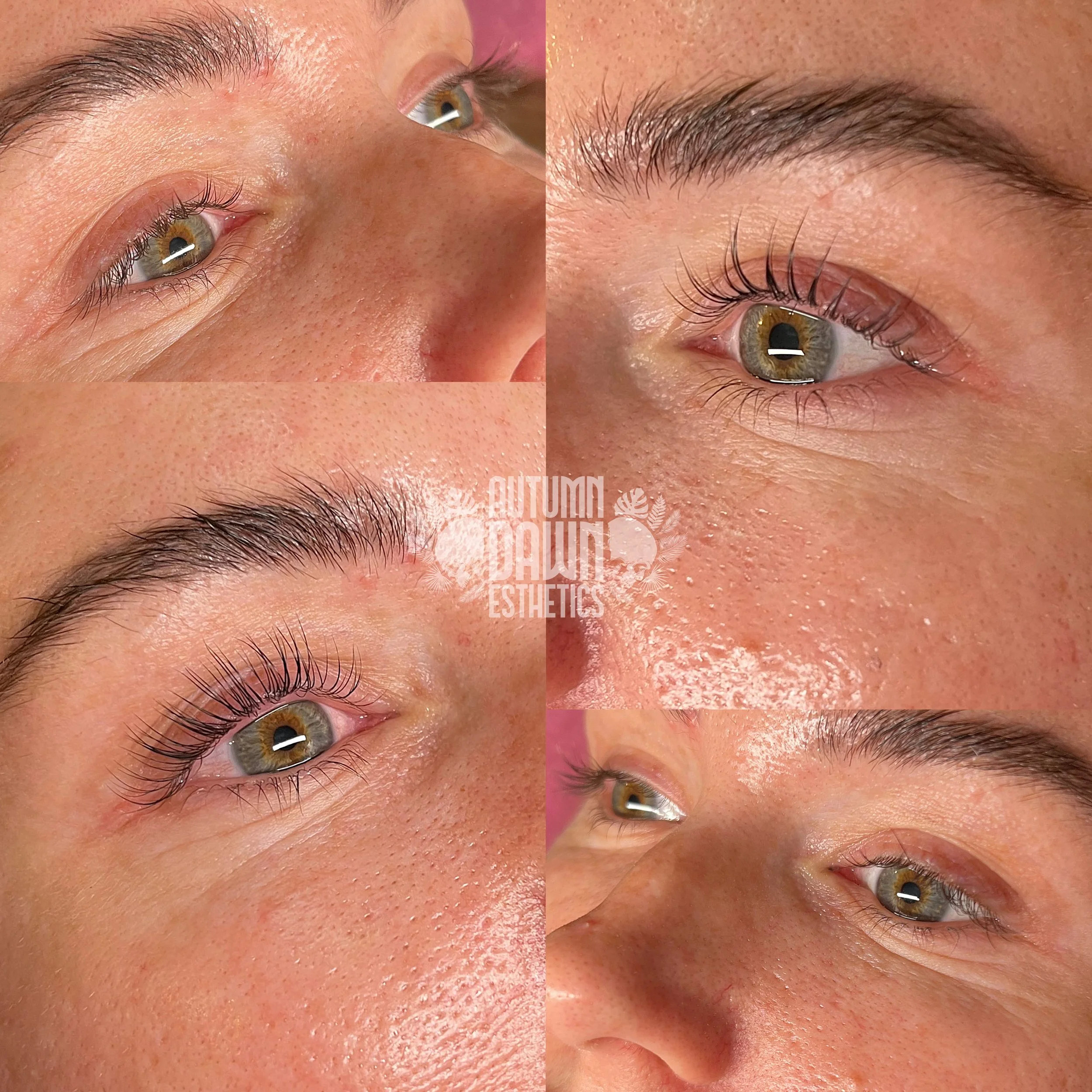 Close-up of a person's face focusing on their eyes and skin, showing before and after images of eyelash extensions with enhanced length and curl.