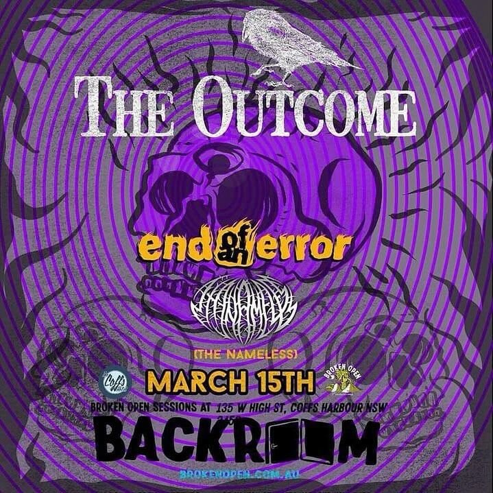 THIS FRIDAY AT @backroomcoffs!! 3 heavy hitters comin' your way 🤘🤘

@theoutcome_band 
@thenameless_insta 
@endofanerrorband 

Don't wait for the door because tickets are selling fast 🔥

--
#coffs #coffscoast #heavymetal #metal #midnorthcoast #coff