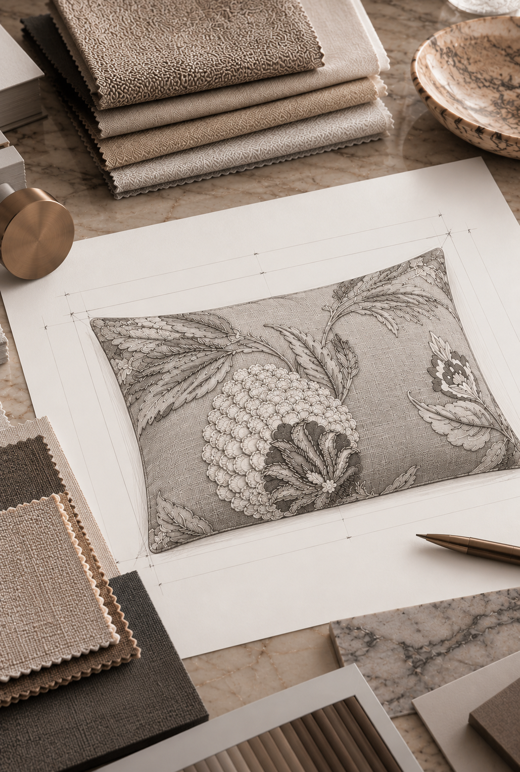 Interior design workspace with floral upholstery sketch, fabric swatches, pencil, and material samples on a marble table