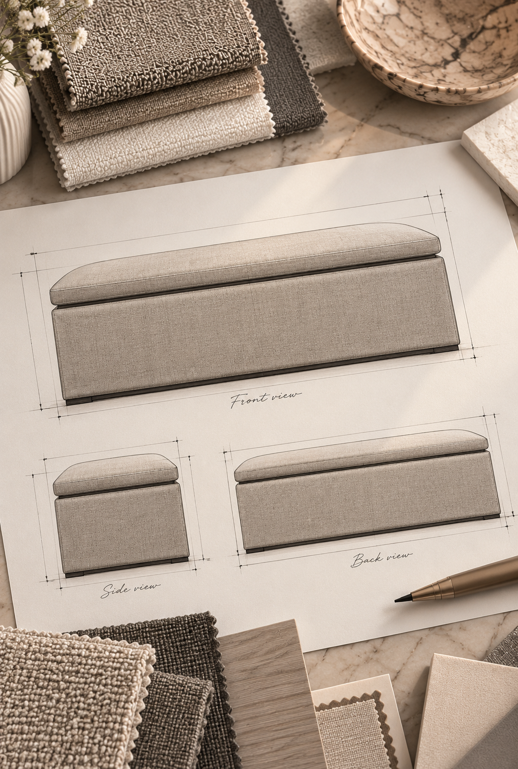 Interior design workspace with an upholstered bench or headboard blueprint showing front, side, and back views, surrounded by fabric swatches, marble samples, flowers, and a pen.