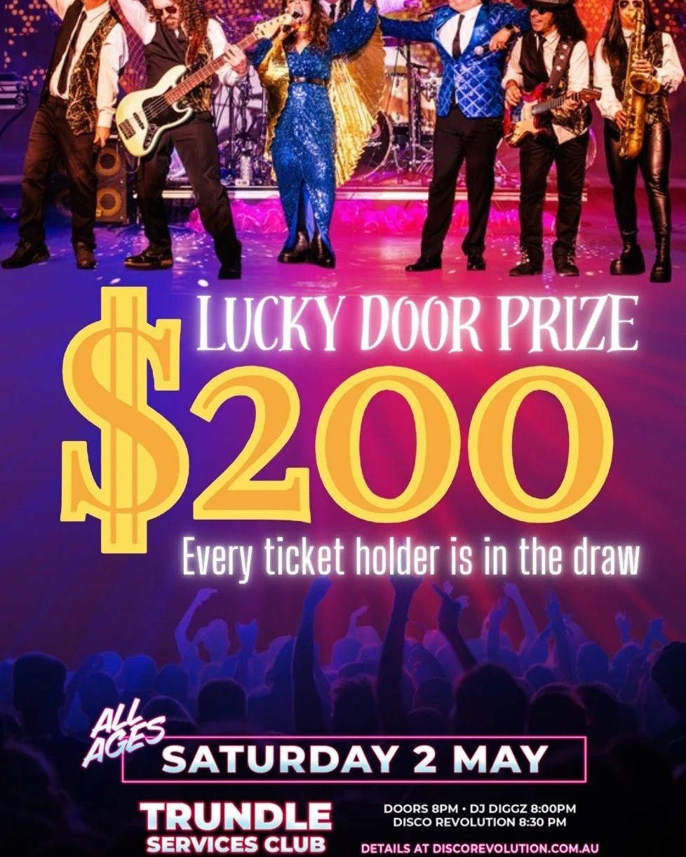 🎙️Gimme! Gimme! Gimme! A $200 prize ..... 🎶 

Oh no worries we sure will! 

☝️One lucky ticket holder will win our Lucky Door Prize at next weekends Trundle ABBA Festival After Party featuring the awesome sounds of Disco Revolution. 

🪎 The lucky 