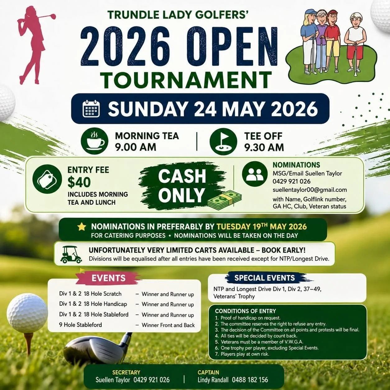 📢 Calling all Lady Golfers this Sunday is Trundle Lady Golfers Open Tournament held at the Trundle Golf Club. ⛳

⛳ You're invited to come along and have a great day of golf and friendship. 

⛳ Please contact us ASAP for catering purposes. 

 #golfns