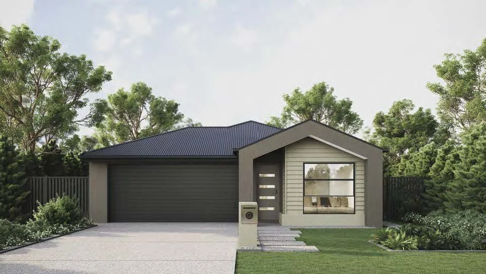 A modern single-story house with a gray garage door, a dark blue metal roof, and a front yard with a concrete driveway, a grassy lawn, and various green plants and trees around.
