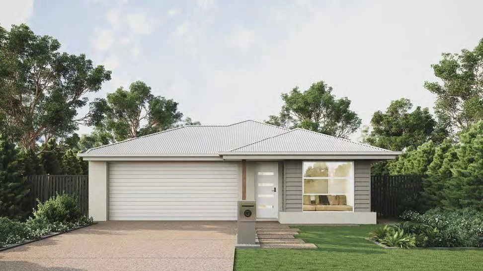 Modern single-story house with a garage, front door, large window, and landscaped yard with greenery.