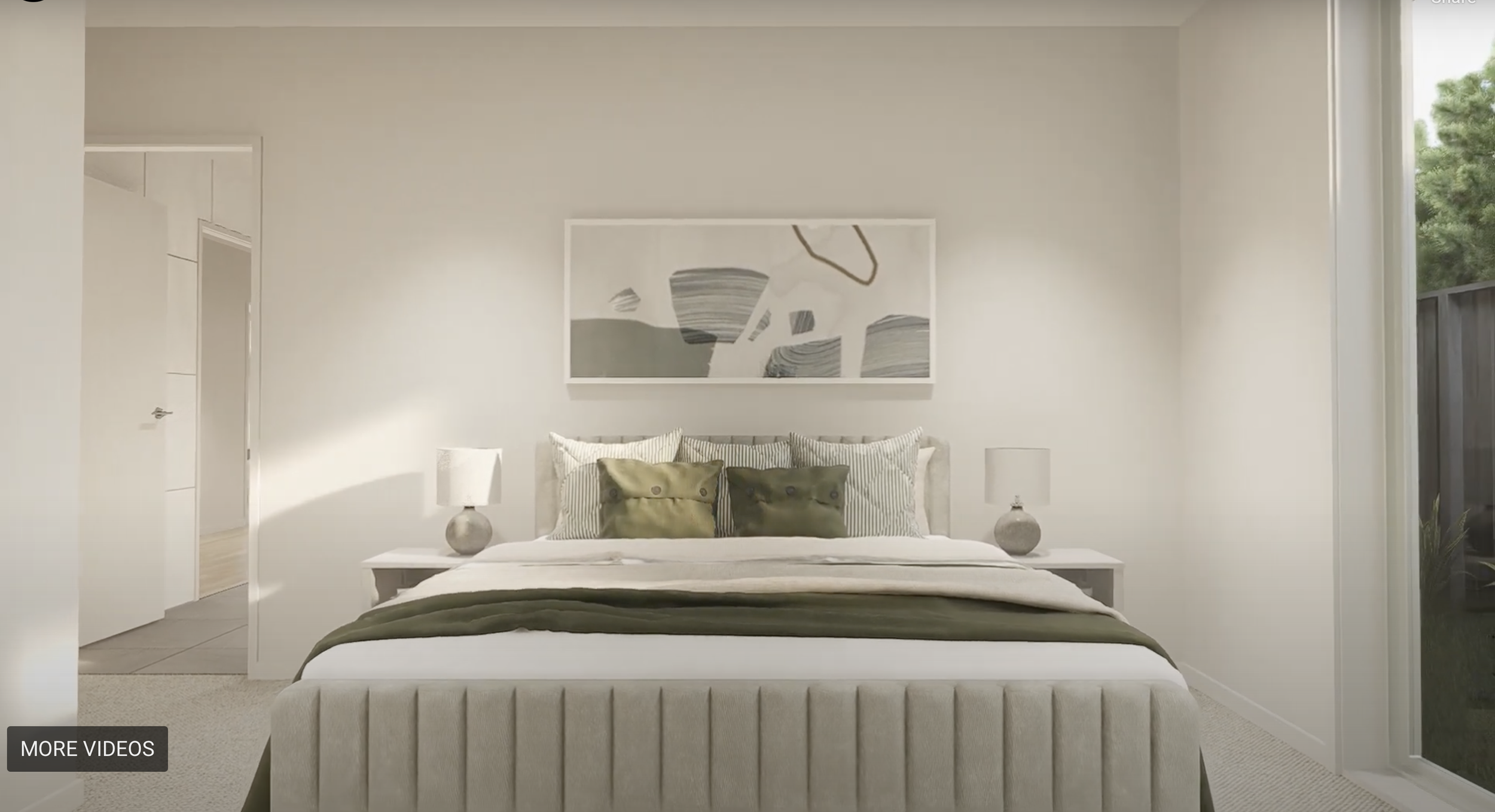 A neatly made bed with white and green bedding, four striped pillows, and two green accent pillows, positioned against a wall with minimalistic artwork. Small bedside tables with spherical lamps are on either side of the bed, and natural light enters from the window on the right.