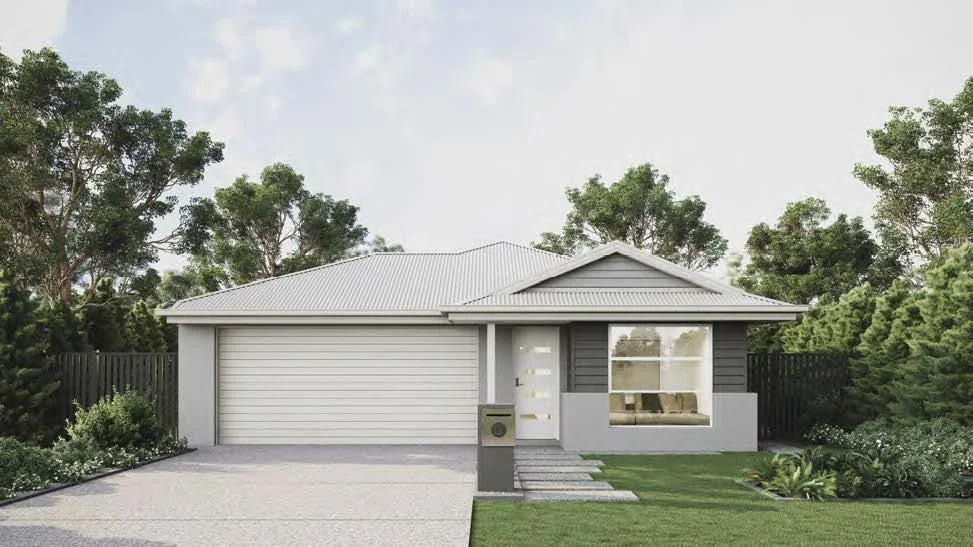 Modern single-story house with a grey roof, white and grey exterior, large front window, and a driveway, surrounded by greenery.