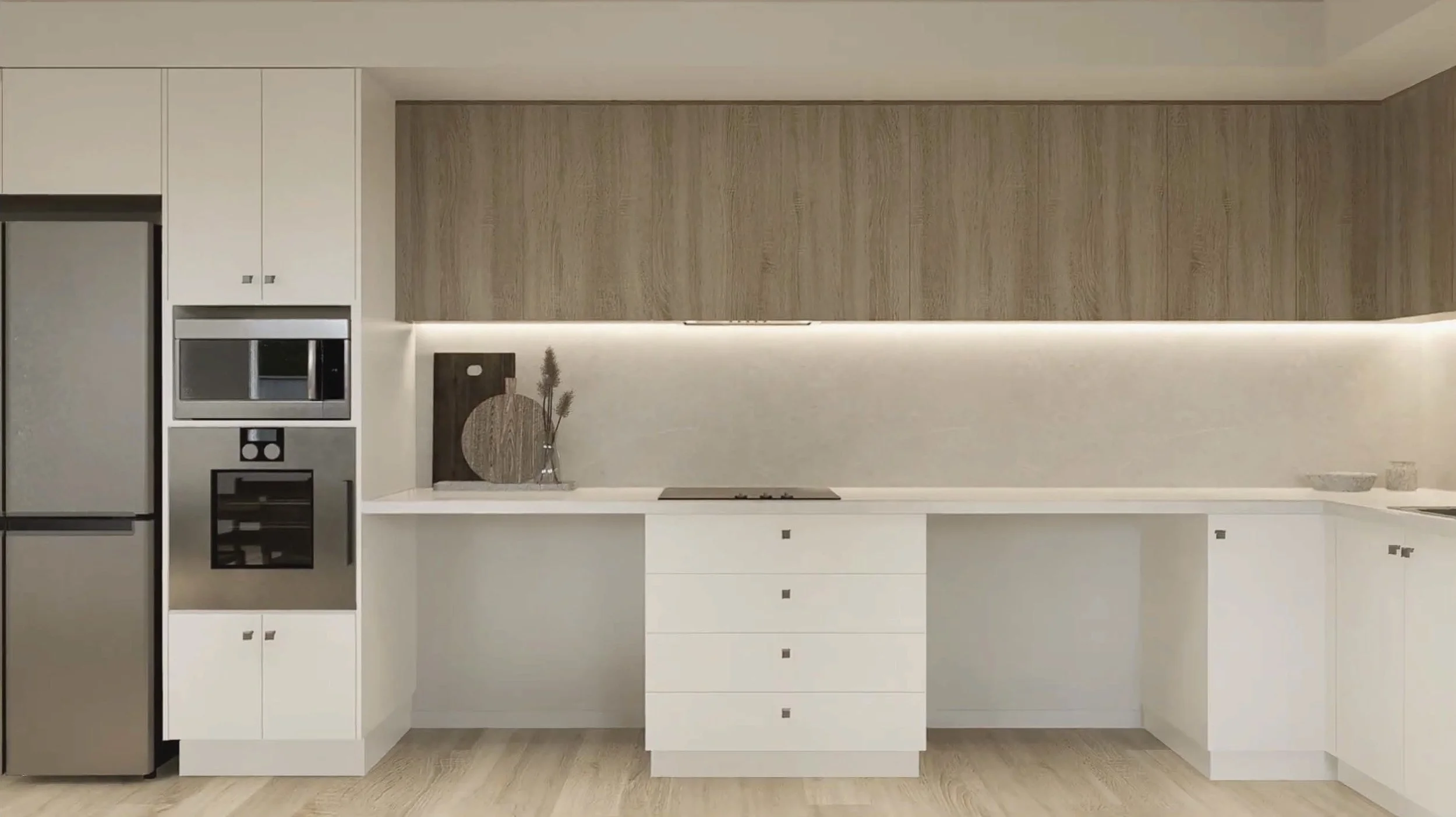 Modern kitchen with white cabinets, stainless steel appliances, and a wood-textured backsplash. Contains decorative items on the counter, such as a round wooden tray and a vase with dried flowers.