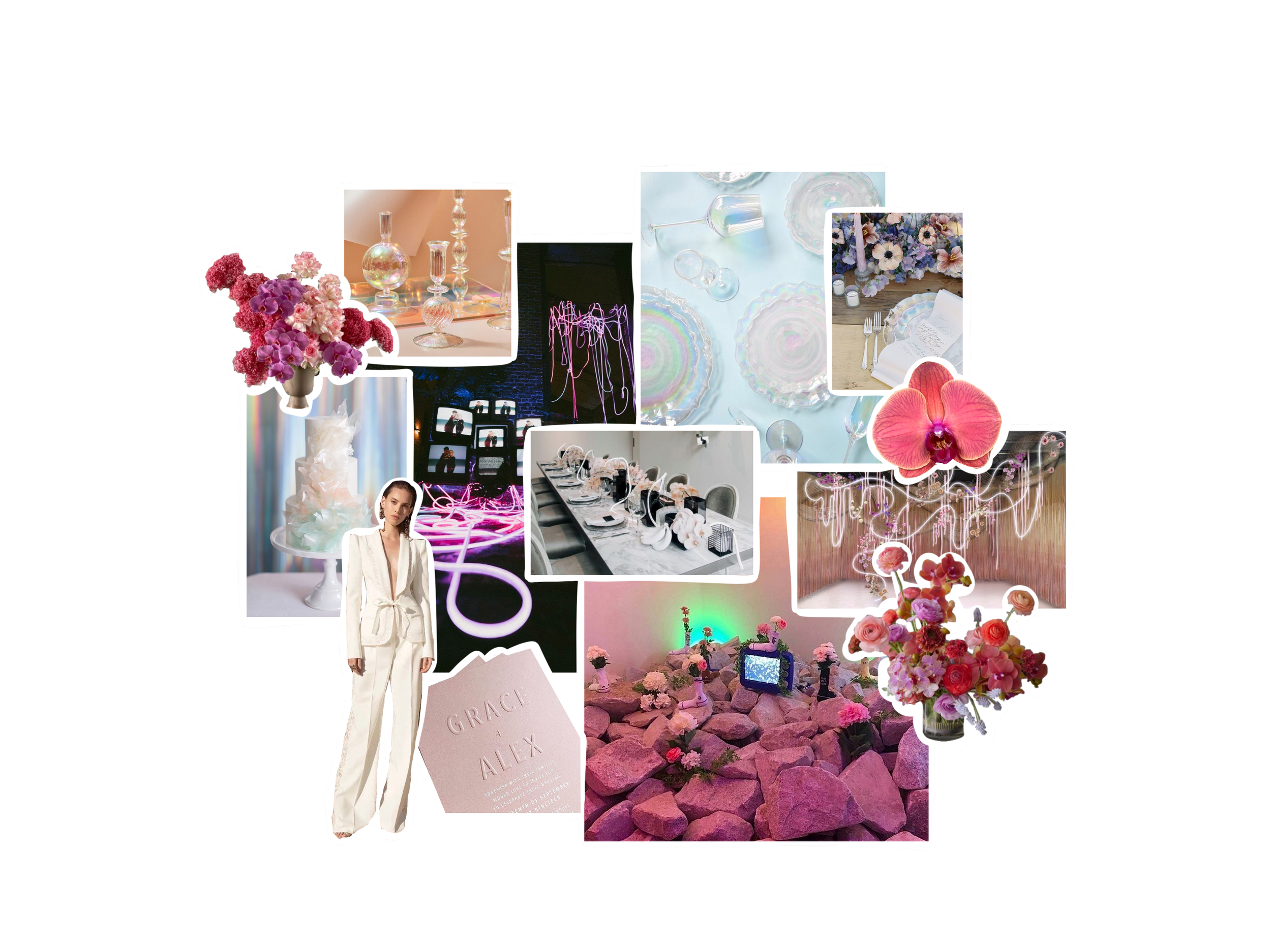 Collage of elegant table settings, floral arrangements, art installations, and fashion items with pink and pastel color themes.