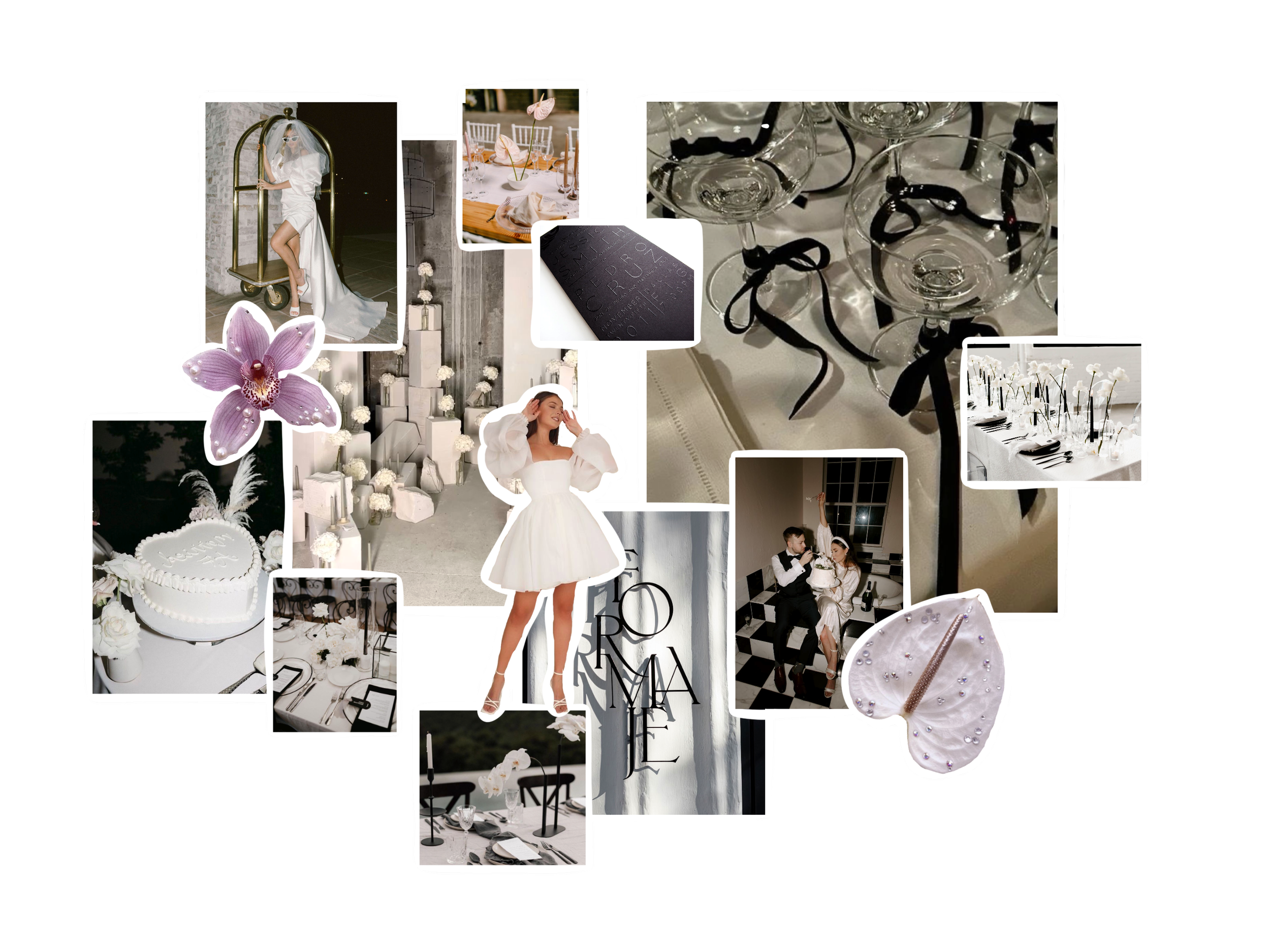 Collage of wedding-themed photos including a bride, wedding decor, table settings, cake, and champagne glasses.