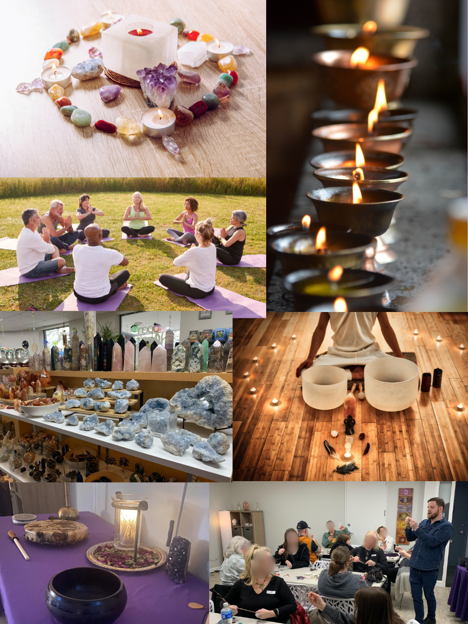 A collage of images featuring wellness activities and products. The top left shows a heart-shaped arrangement of colorful crystals, candles, and stones on a wooden surface. The top right displays a line of lit candles in small bowls. The middle left depicts a group of people practicing outdoor yoga on a grassy field. The middle right shows a person sitting on the floor with large singing bowls and candles, possibly engaging in sound healing. The bottom left features a shop display of mineral crystals and gemstones. The bottom right shows a group of people participating in a workshop or seminar inside a room.