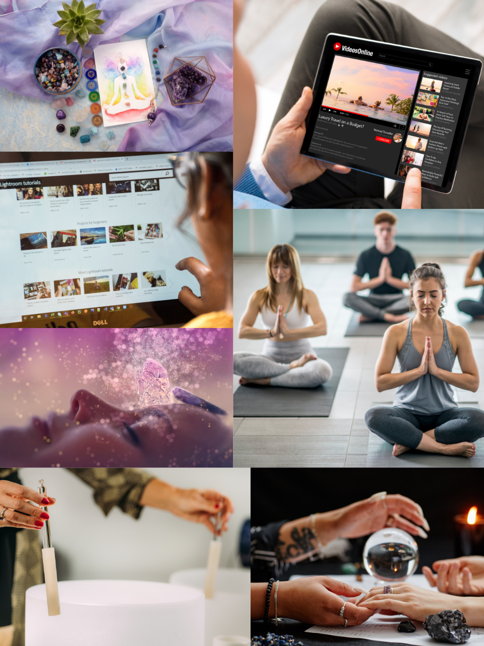 Collage of images showing a crystal healing session, someone watching travel videos and browsing tutorials online, practicing yoga, meditating with a crystal, a person conducting a crystal therapy, and a crystal ball reading.