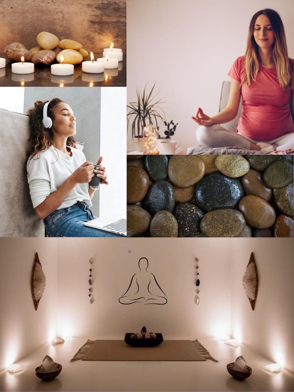 Collage of images depicting relaxation and wellness: a spa setting with candles and stones, a woman meditating in a cozy room, a woman listening to music with headphones, a close-up of smooth pebbles, and a meditation space with soft lighting and crystals.