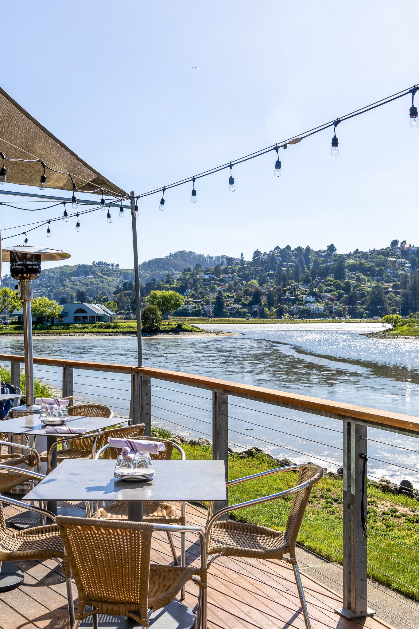 Waterfront patio at Piatti Mill Valley overlooking Richardson Bay and Mt. Tam