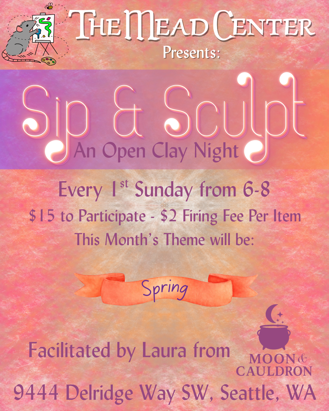 Sip & Sculpt at Mr. B's Mead Center!  An open clay night! Every 1st Sunday from 6-8. Facilitated by Laura of Moon & Cauldron