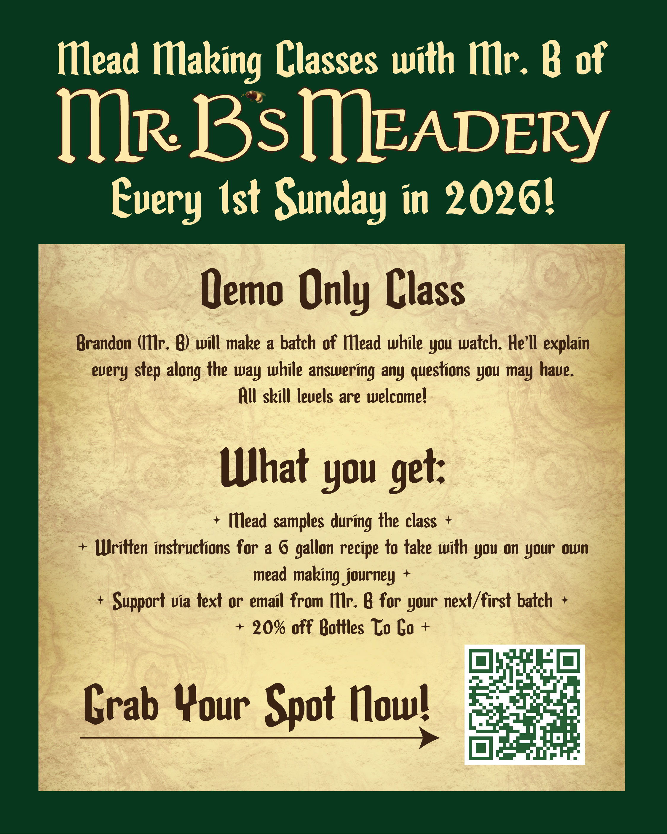 Mead Making Classes from Mr. B of Mr. B's Meadery every 1st Sunday in 2026