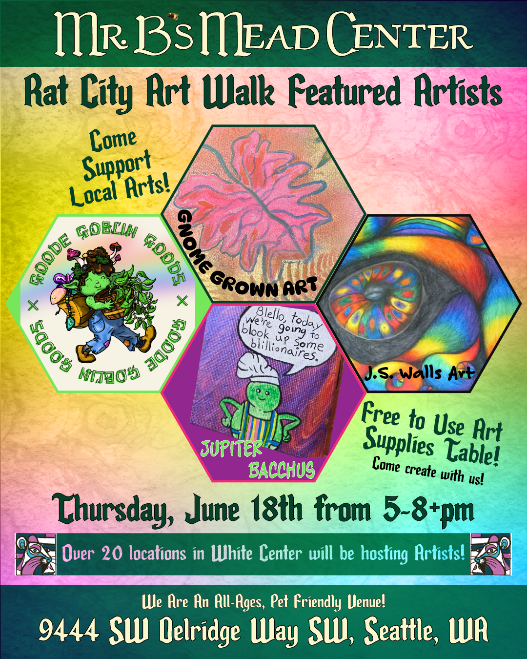 Mr. B's Mead Center June Rat City Art Walk Artist line-up featuring Gnome Grown Art, Goode Goblin Goods, J.S. Walls Art, and Jupiter Bacchus