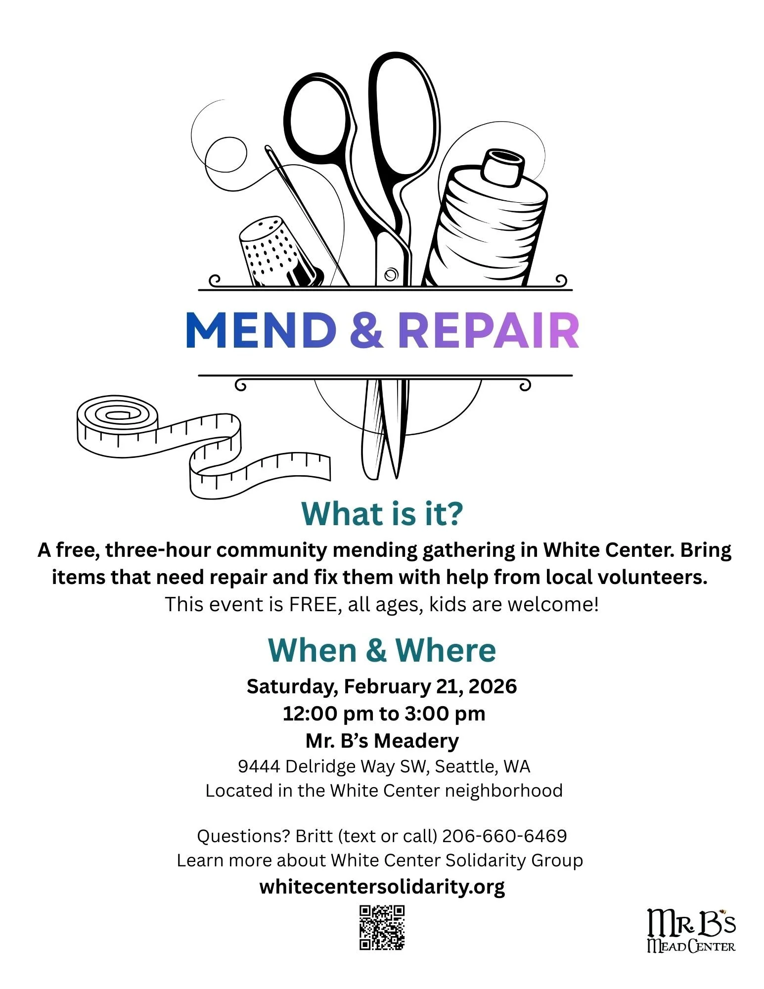 Free three-hour community mending gathering at Mr. B's Mead Center from Noon-3 on February 21st