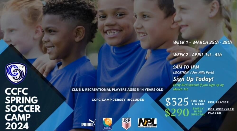 CCFC Spring Soccer Camp Registration now open. 
Register Today @ https://www.culvercityfootballclub.com/camp

ONE CLUB... ONE CITY... ONE GOAL... ONE CLUB... ONE CITY... ONE GOAL... 
Culver City FC 
culvercityfootballclub.com

#culvercity #culvercity