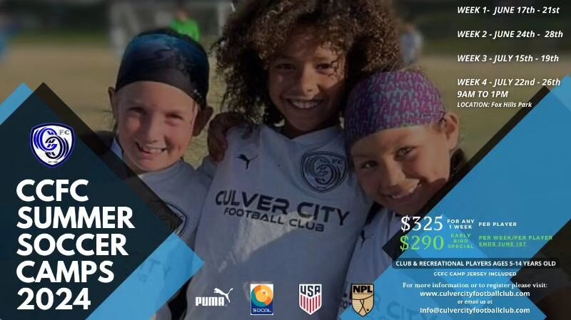 CCFC Summer Camp Registration now open. 
Early Bird Special Available!!!
Register Today @ culvercityfootballclub.com

ONE CLUB... ONE CITY... ONE GOAL... 
Culver City FC 

culvercityfootballclub.com
#culvercity #culvercitystairs #culvercityartsdistri