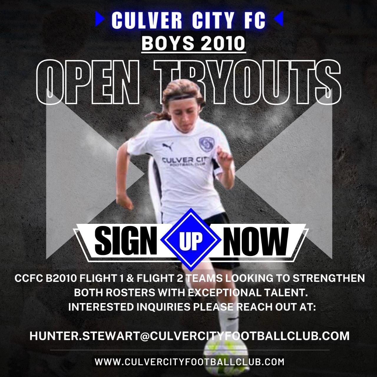 JOIN THE CCFC FAMILY! 

CCFC B2010 Flight 1 &amp; Flight 2 teams looking to strengthen both rosters with exceptional talent. Interested inquiries please reach out to Coach Hunter at hunter.stewart@culvercityfootballclub.com 

 ONE CLUB... ONE CITY...
