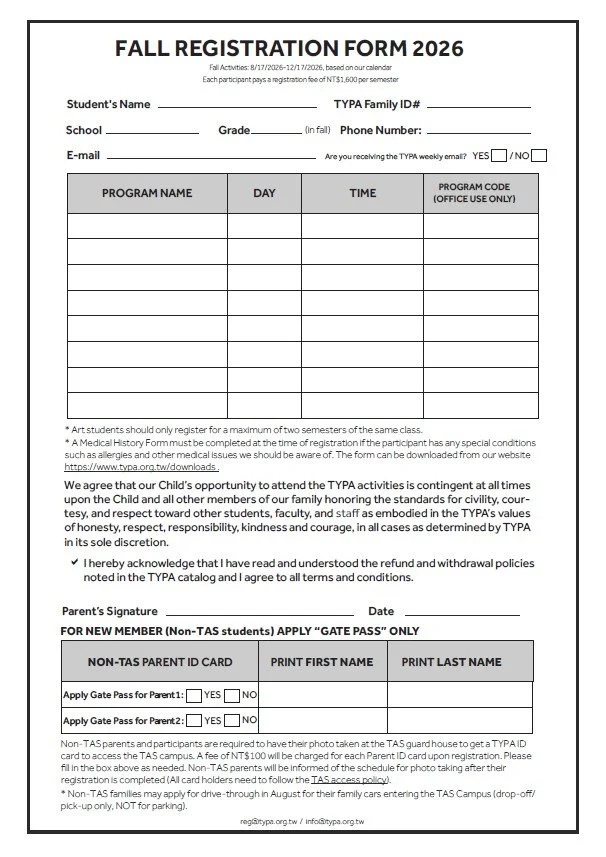 TYPA: Early 2026 Fall Registration