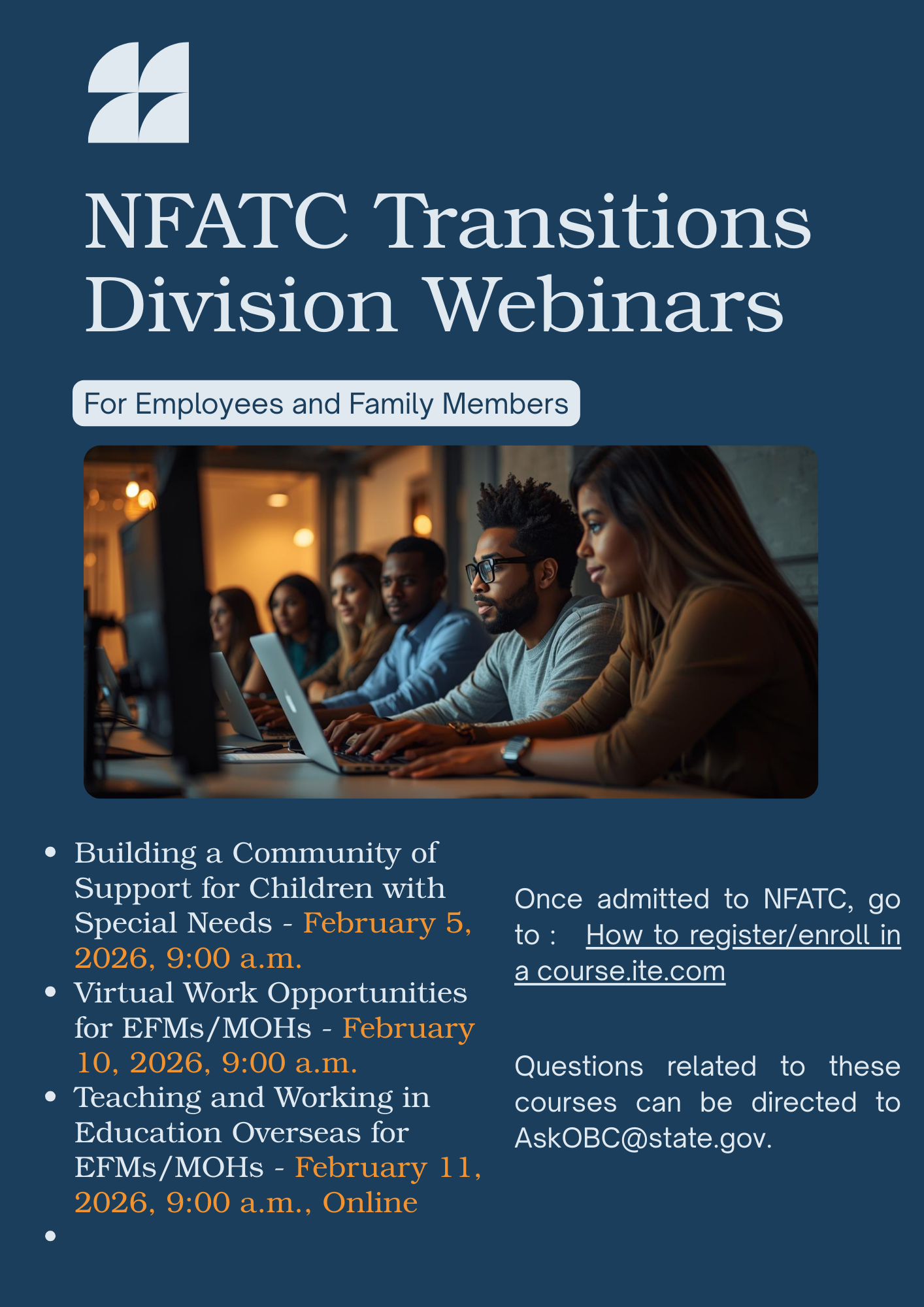 Upcoming National Foreign Affairs Training Center Webinars and Virtual Courses