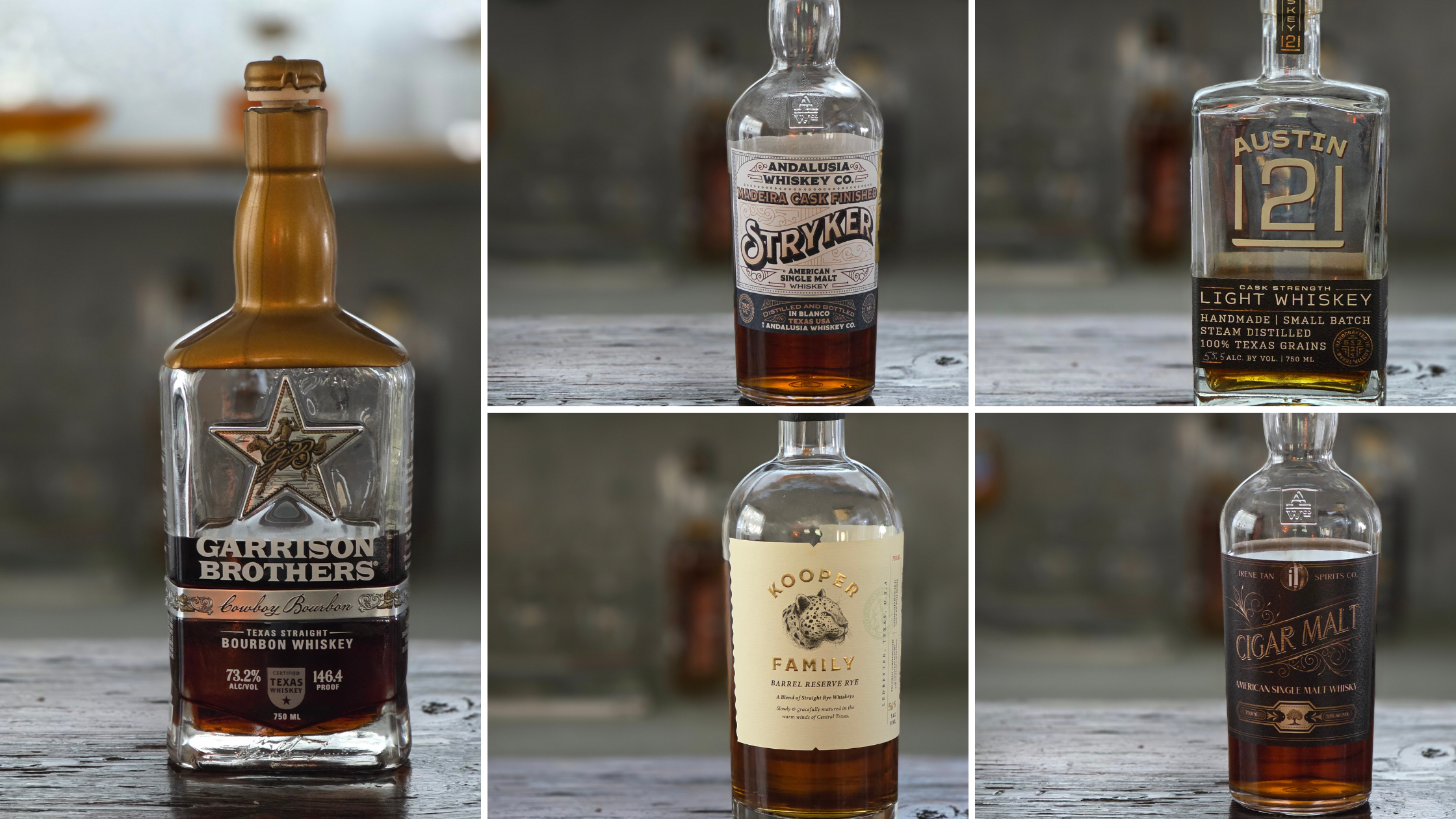 A collage of several whiskey bottles, including Garrison Brothers Bourbon, Andalusia Whiskey, Austin 12 Light Whiskey, Kooper Family Rye, and Cigar Malt. The bottles are displayed on a rustic wooden surface.