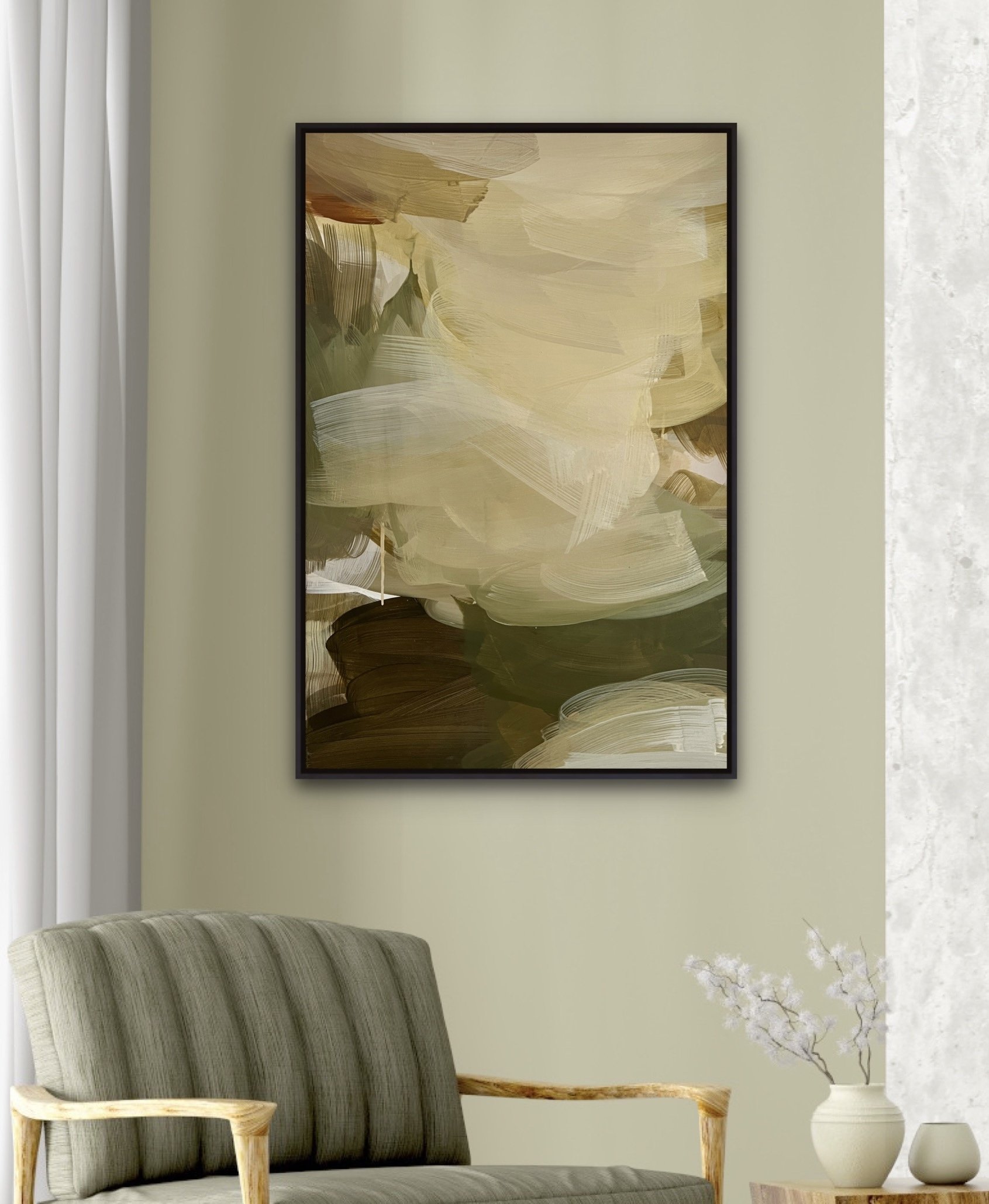 'Falling Softly' abstract landscape ,acrylic on canvas, 2026, deep greens and yellow by Helen Chambers