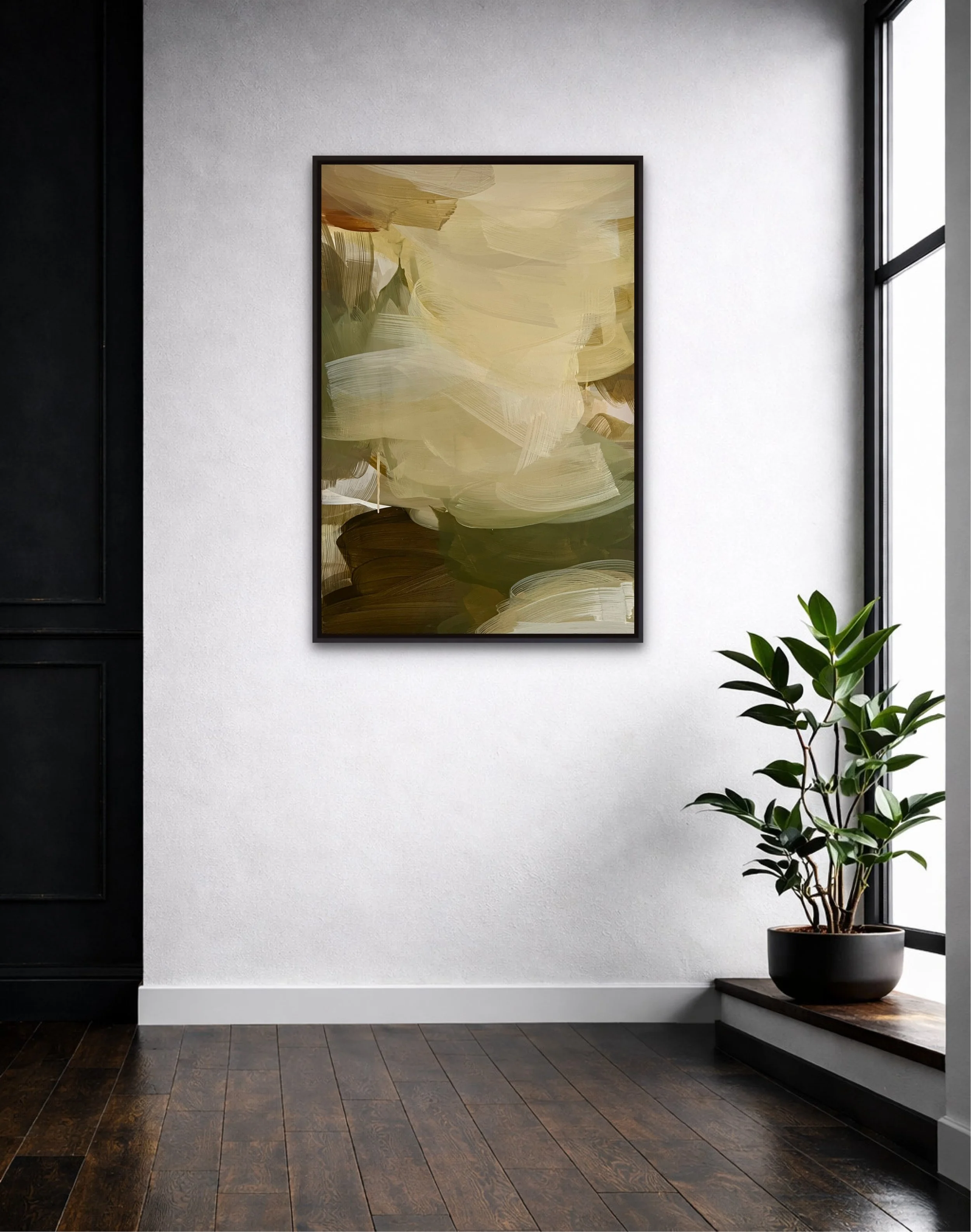 'Falling Softly' abstract landscape ,acrylic on canvas, 2026, deep greens and yellow by Helen Chambers