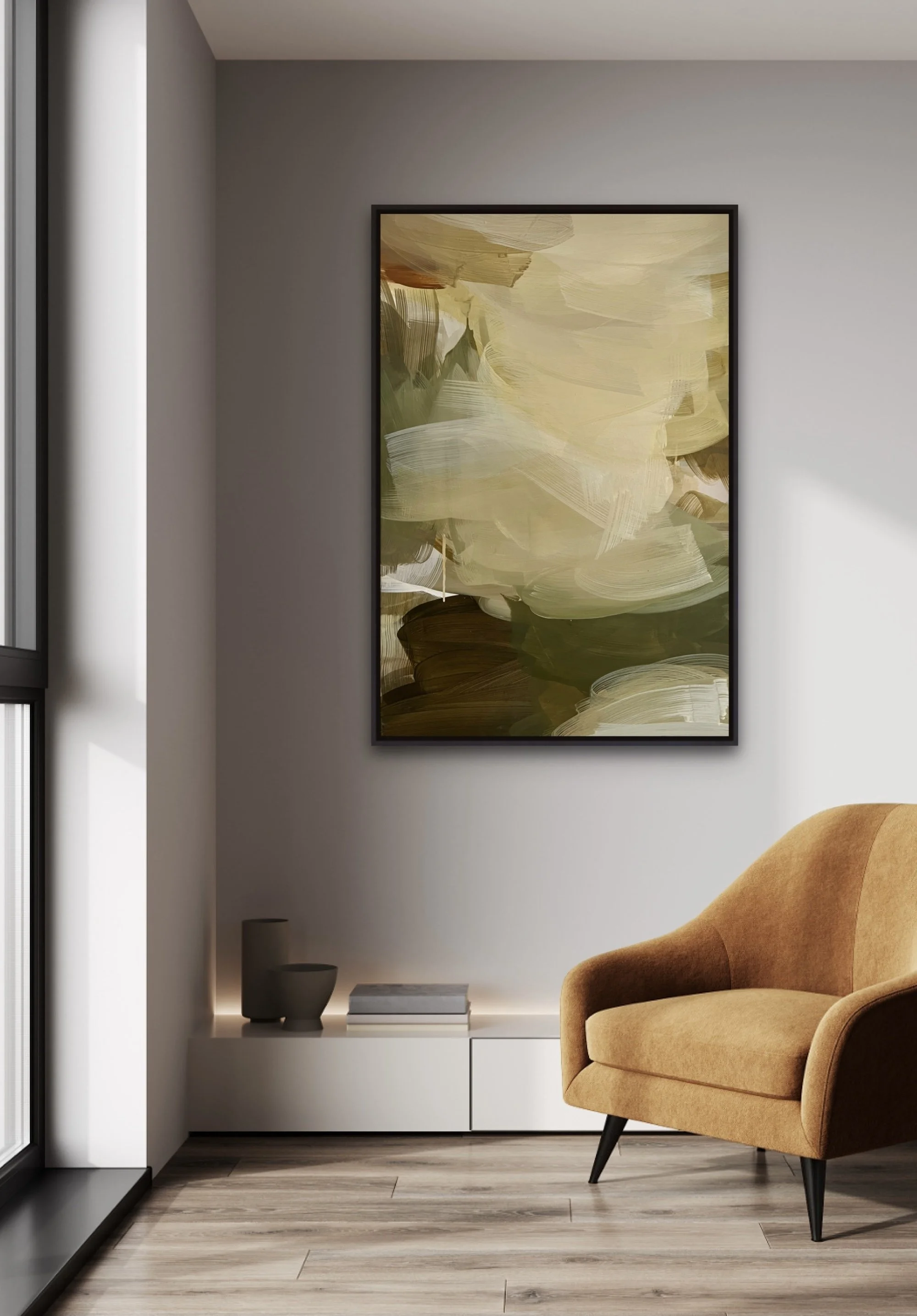 'Falling Softly' abstract landscape ,acrylic on canvas, 2026, deep greens and yellow by Helen Chambers