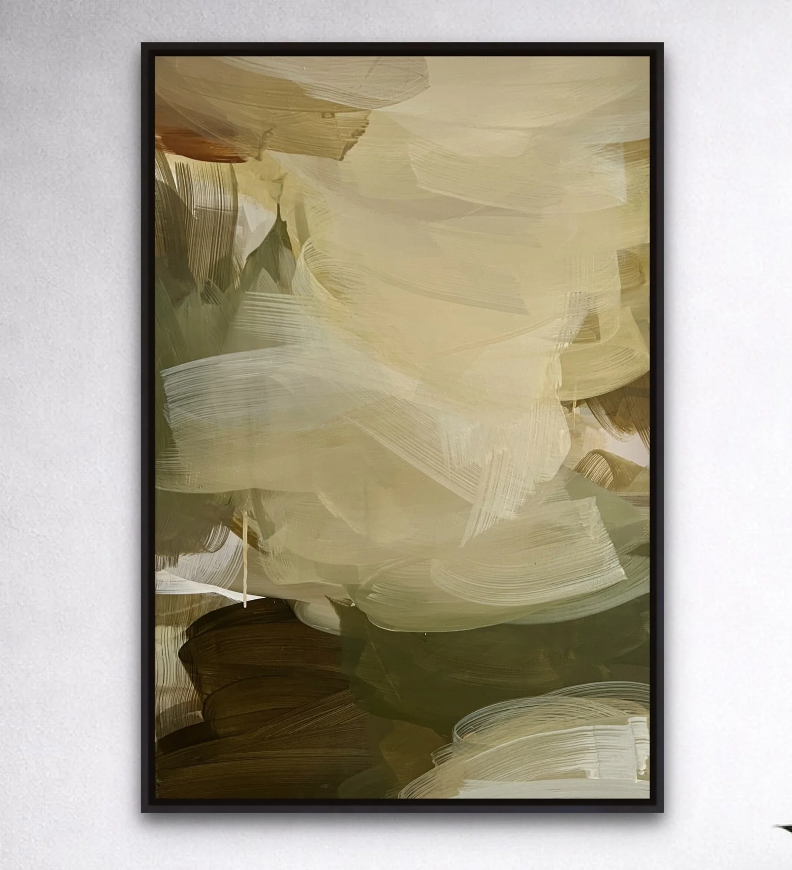 'Falling Softly' abstract landscape ,acrylic on canvas, 2026, deep greens and yellow by Helen Chambers