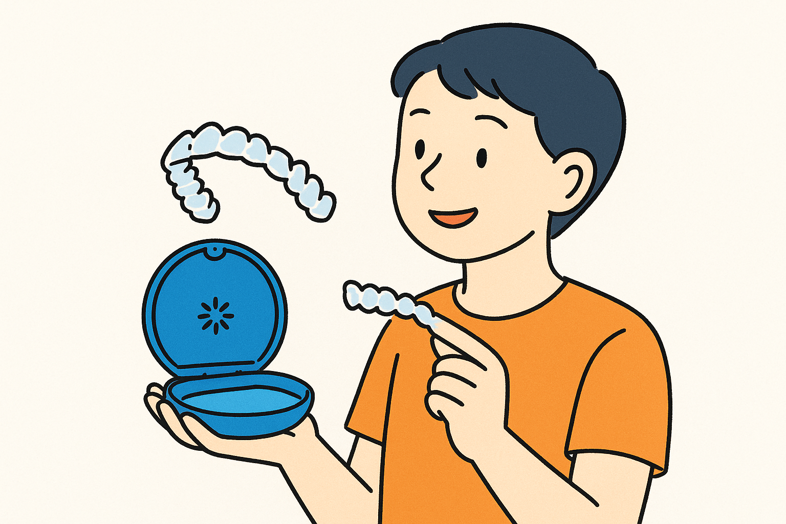 A cartoon person holding a blue container with dental aligners, showing one in their hand and a few in the container.