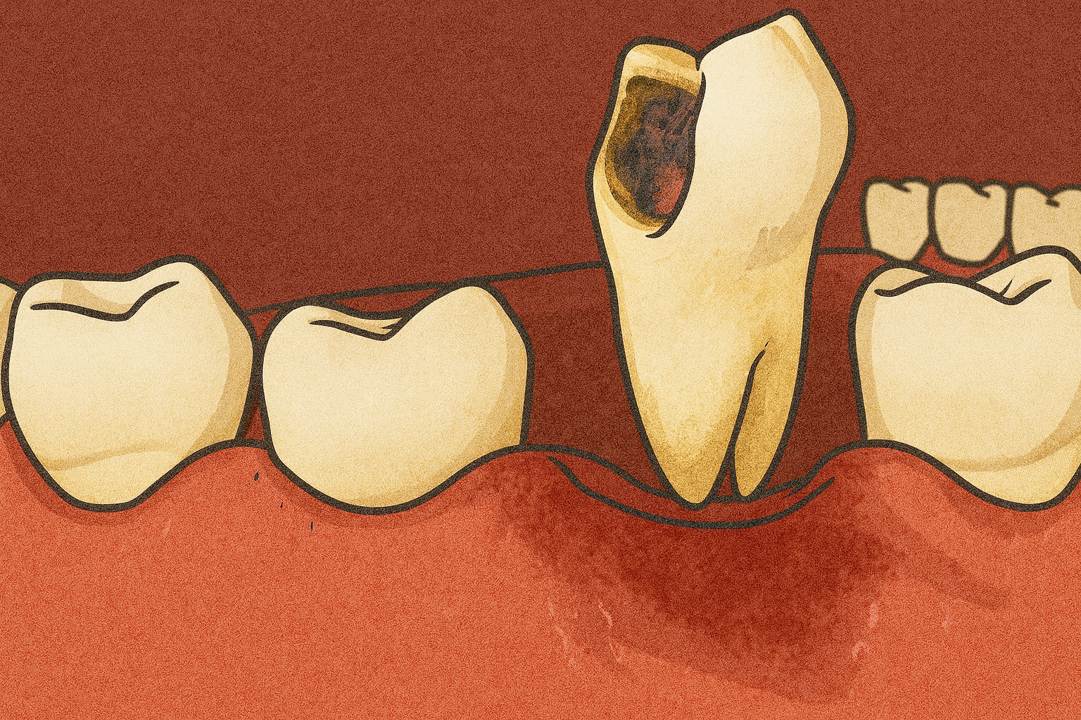 Illustration of several teeth, one of which is broken or decayed, on a red background.