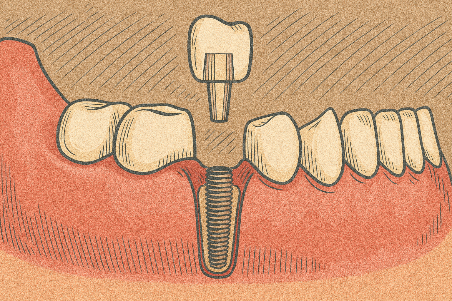 Diagram showing a dental implant procedure with a screw being inserted into the jawbone, supporting a crown, surrounded by natural teeth and gum tissue.