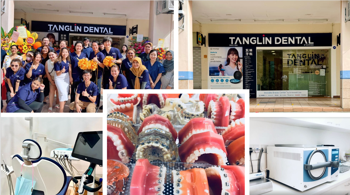 A collage of images including a group of dental clinic staff, the clinic's storefront with branding, dental models with braces, a dental sterilizer machine, a dental chair with equipment, and a display of braces and dental appliances.