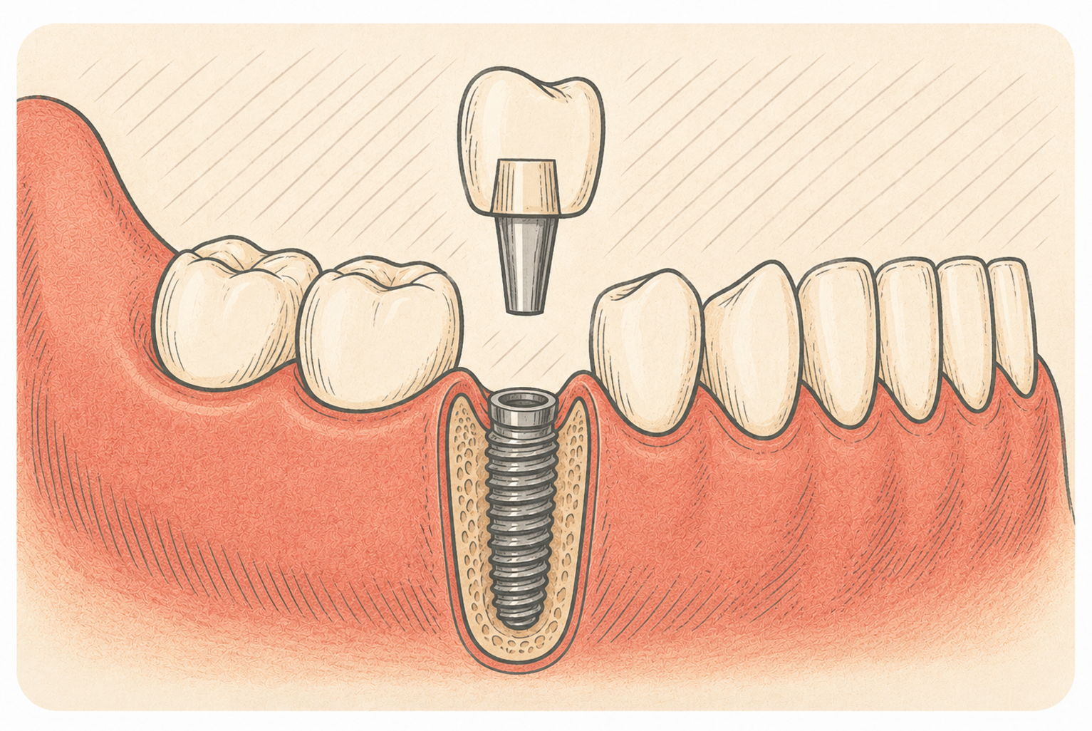 Diagram of a dental implant procedure showing a screw fixture in the jawbone, a post, and a crown being placed on top.